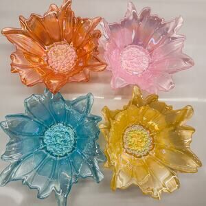 Set of 4, Akcam Iridescent Turkish Glass Art Flower Bowls Decorative Bowls, 7"W